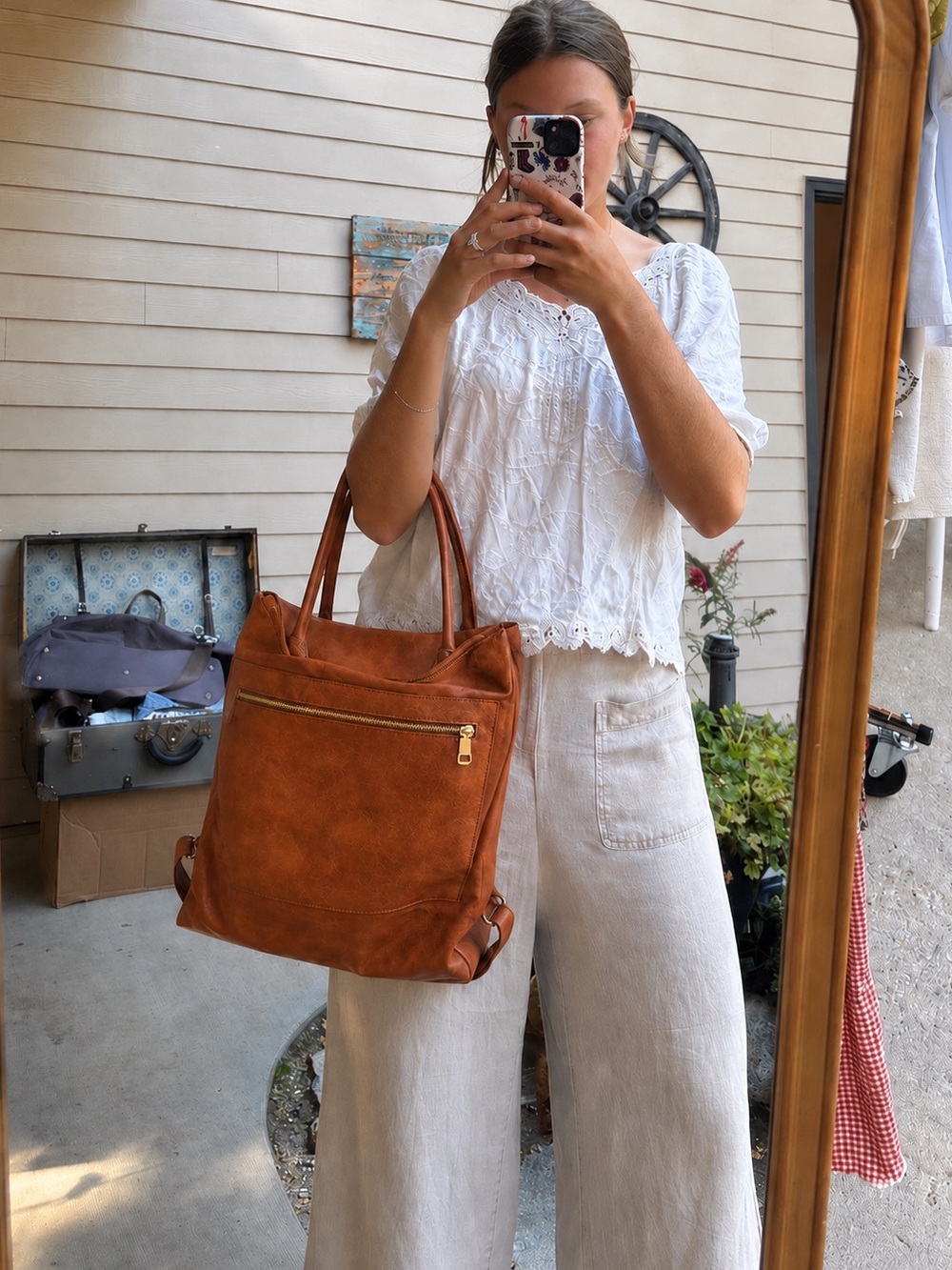 Women's Rustic Tan Leather Tote Bag with Front Zip Pocket